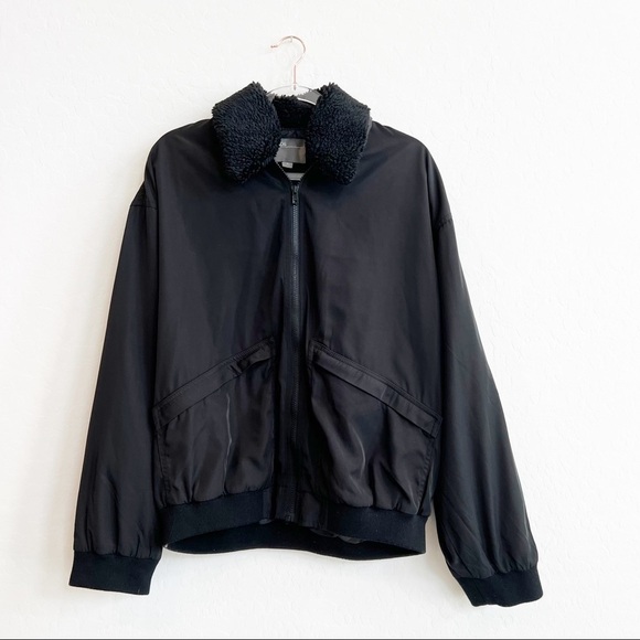 ASOS Men's Bomber Jacket Sherpa Collar Full Zip Pockets Black Medium - Picture 1 of 6